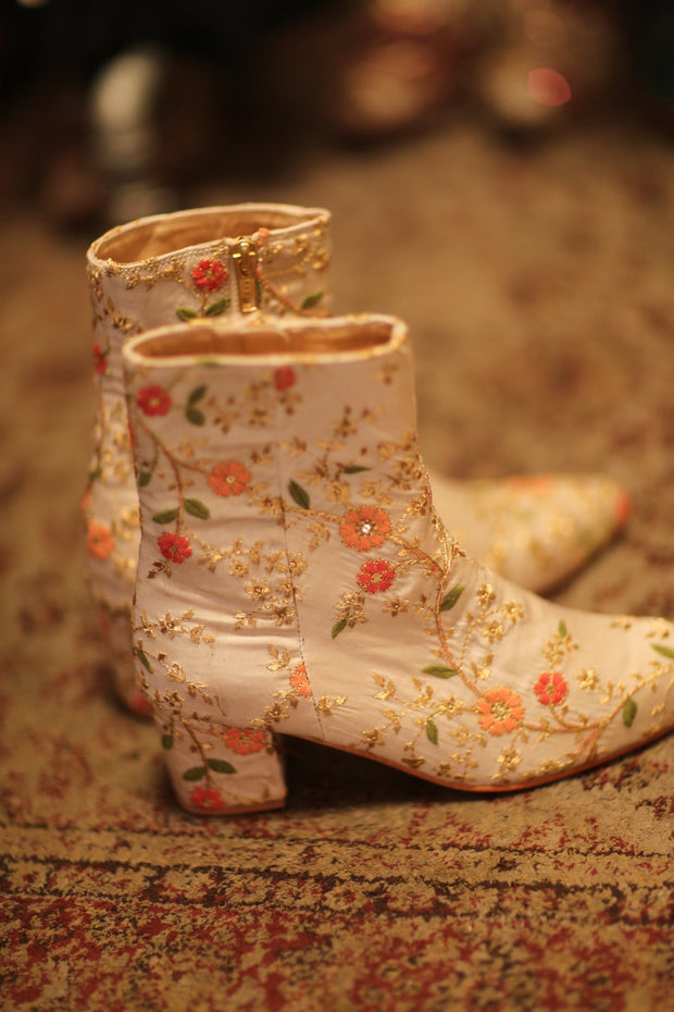 BEIGE SILK EMBROIDERED BOOTS - sustainably made MOMO NEW YORK sustainable clothing, boots slow fashion