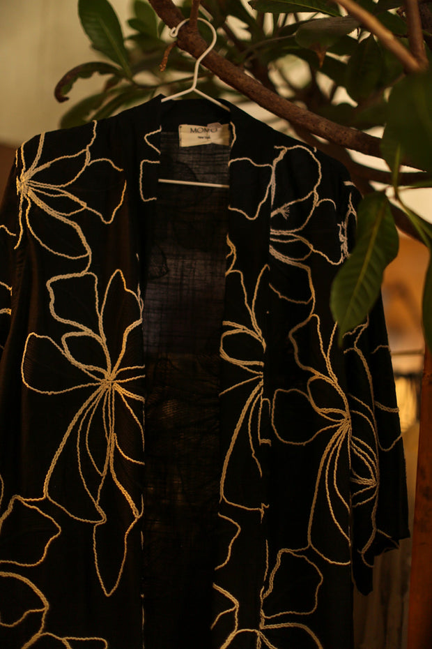 BLACK LINEN EMBROIDERED KIMONO MARIETTA - sustainably made MOMO NEW YORK sustainable clothing, slow fashion