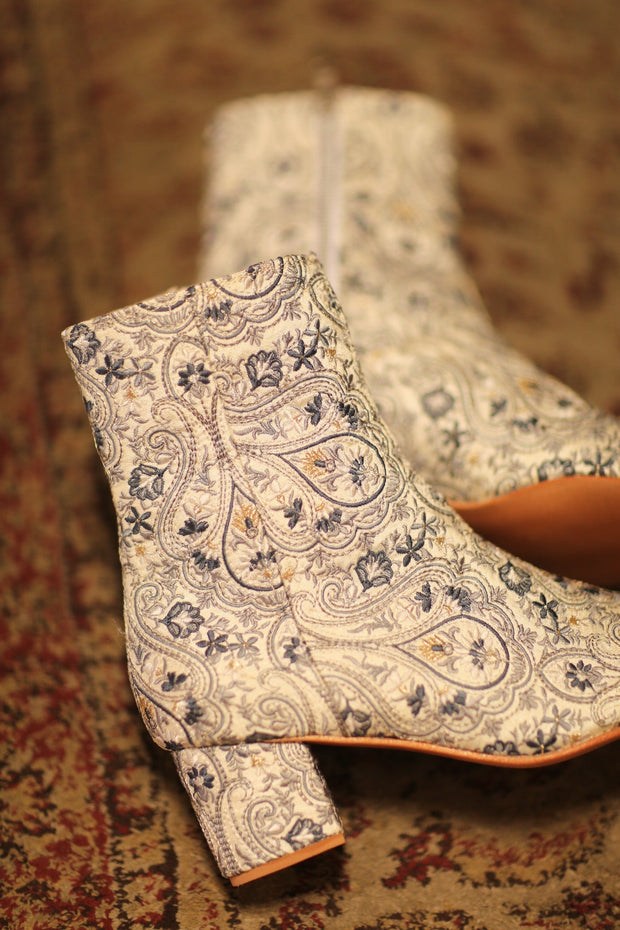 BLUE WHITE SILK EMBROIDERED BOOTS SCOOBERT - sustainably made MOMO NEW YORK sustainable clothing, boots slow fashion