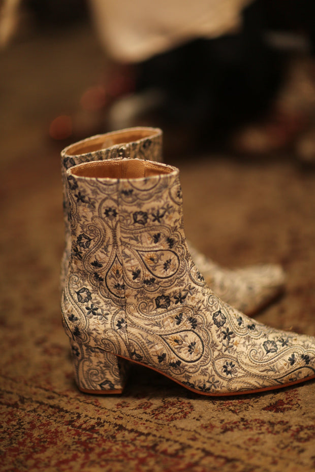 BLUE WHITE SILK EMBROIDERED BOOTS SCOOBERT - sustainably made MOMO NEW YORK sustainable clothing, boots slow fashion