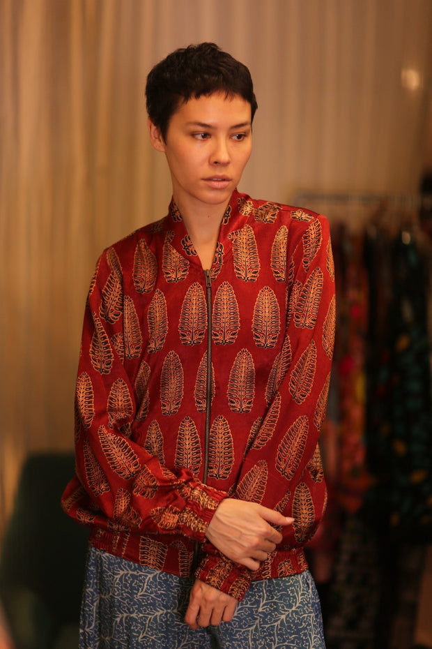 BOMBER JACKET SILK ANCHA LOLI - sustainably made MOMO NEW YORK sustainable clothing, bomberjacket slow fashion