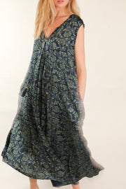 HAND BLOCK PRINT SILK DRESS NATCHA - sustainably made MOMO NEW YORK sustainable clothing, dress slow fashion