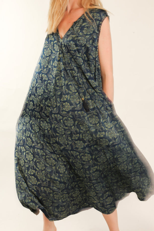 HAND BLOCK PRINT SILK DRESS NATCHA - sustainably made MOMO NEW YORK sustainable clothing, dress slow fashion