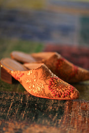 HEELED MULES SILK EMBROIDERED QUINA - sustainably made MOMO NEW YORK sustainable clothing, slow fashion