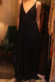 LILY SILK DRESS SOLID BLACK - sustainably made MOMO NEW YORK sustainable clothing, Boho Chic Dress slow fashion