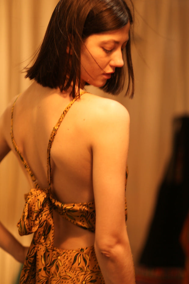 NEIS SILK PLAYSUIT YELLOW OLIVES - BANGKOK TAILOR CLOTHING STORE - HANDMADE CLOTHING