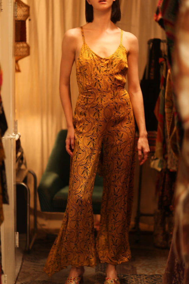 NEIS SILK PLAYSUIT YELLOW OLIVES - BANGKOK TAILOR CLOTHING STORE - HANDMADE CLOTHING