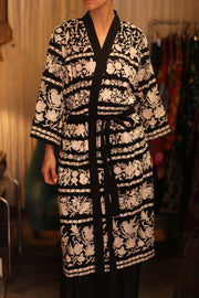 OLA EMBROIDERED SILK LONG KIMONO - sustainably made MOMO NEW YORK sustainable clothing, Embroidered Kimono slow fashion