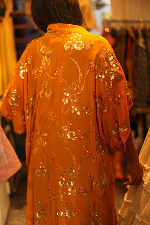 ORANGE SILK SEQUIN EMBROIDERED KIMONO ODO - sustainably made MOMO NEW YORK sustainable clothing, slow fashion