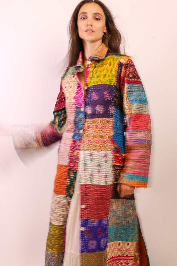 PATCHWORK SILK COAT HILA - sustainably made MOMO NEW YORK sustainable clothing, kantha slow fashion