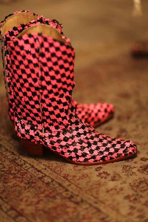 PINK BLACK CHECKERED WESTERN BOOT CRUSU - sustainably made MOMO NEW YORK sustainable clothing, boots slow fashion