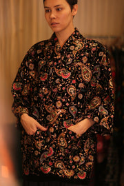SHORT VELVET EMBROIDERED KIMONO MONA BLACK - sustainably made MOMO NEW YORK sustainable clothing, kimono slow fashion