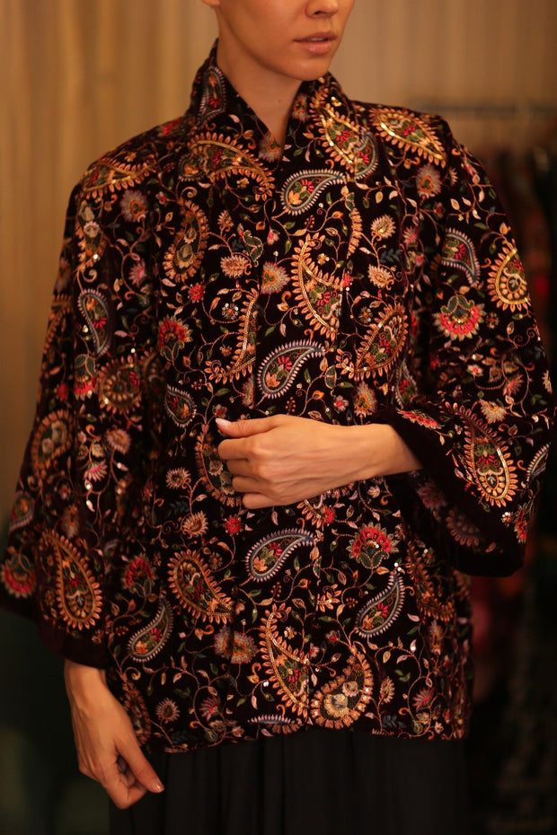 SHORT VELVET EMBROIDERED KIMONO MONA RED - sustainably made MOMO NEW YORK sustainable clothing, coatandjacket slow fashion