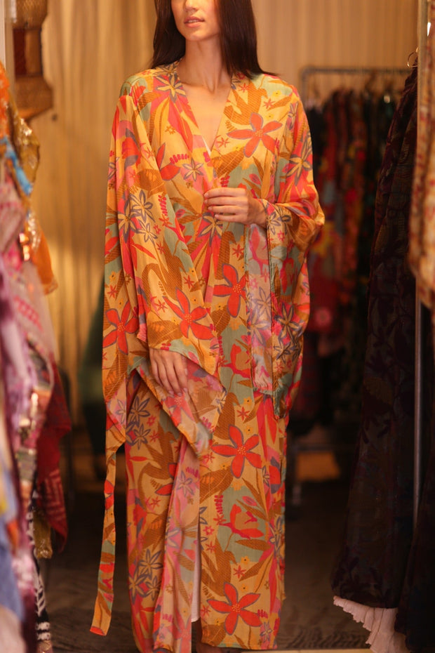 SILK KIMONO PINA ORANGE LEAF - sustainably made MOMO NEW YORK sustainable clothing, handmade slow fashion