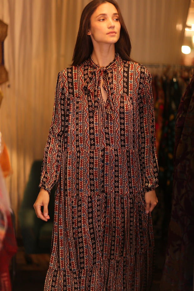 SILK MAXI BUTTONED DRESS LOA MADELYN - sustainably made MOMO NEW YORK sustainable clothing, Boho Chic Dress slow fashion