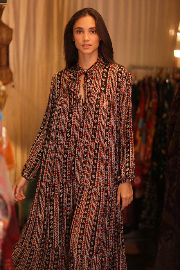 SILK MAXI BUTTONED DRESS LOA MADELYN - sustainably made MOMO NEW YORK sustainable clothing, Boho Chic Dress slow fashion