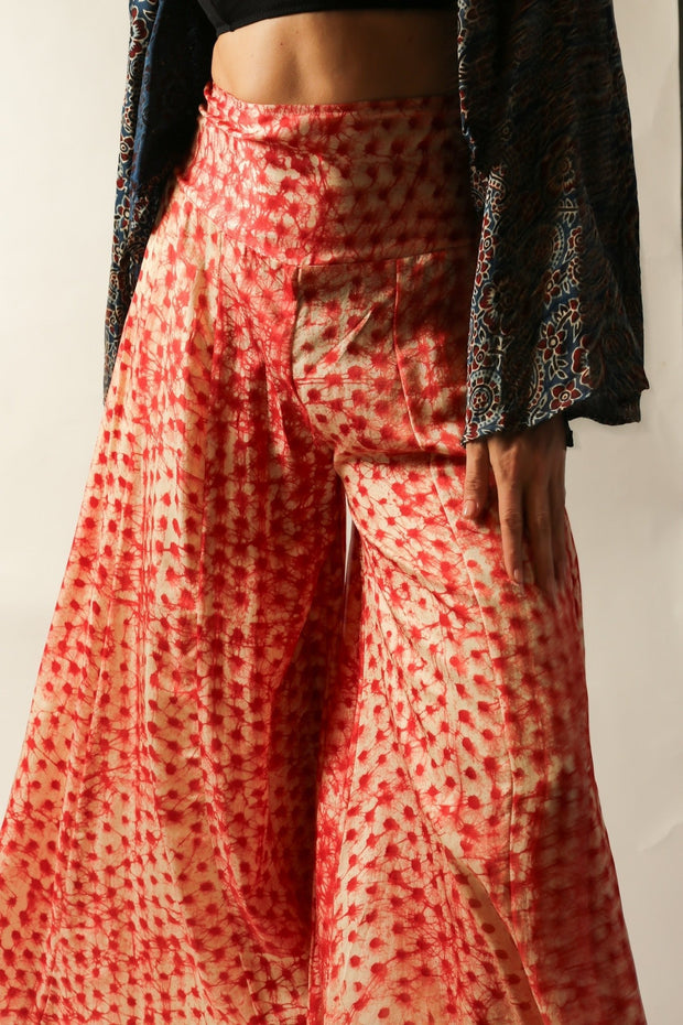 SILK PINK DOT WIDE LEG PANTS - sustainably made MOMO NEW YORK sustainable clothing, pants slow fashion