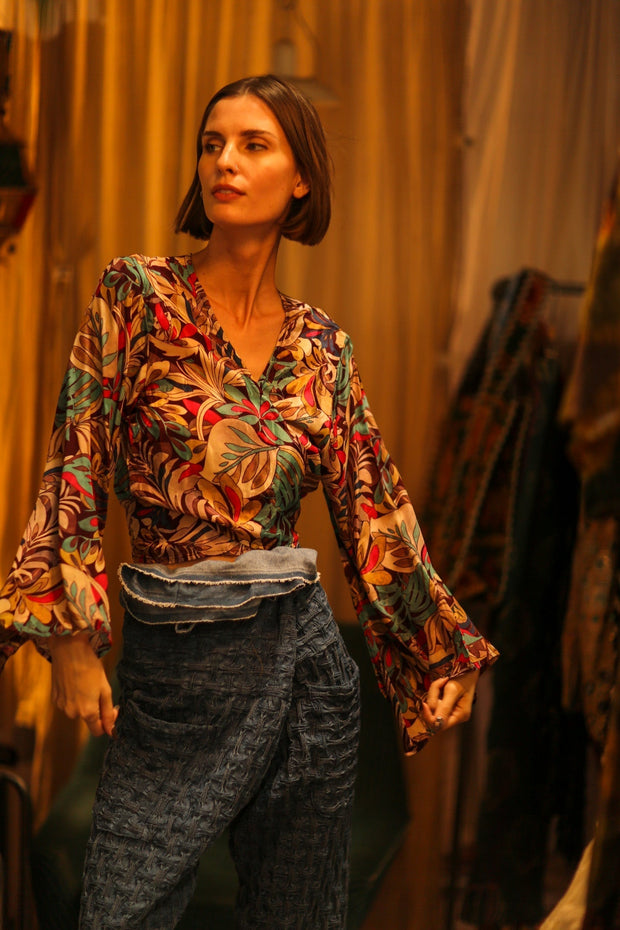 SILK WRAP TOP AURELIA BROWN JUNGLE - sustainably made MOMO NEW YORK sustainable clothing, new slow fashion