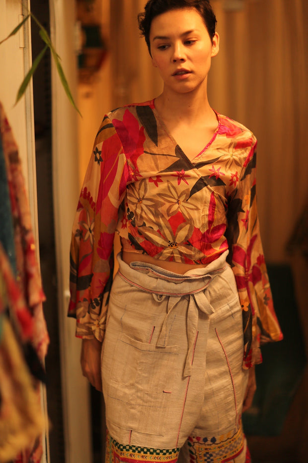 SILK WRAP TOP AURELIA FLOWERS BLOOM - sustainably made MOMO NEW YORK sustainable clothing, new slow fashion