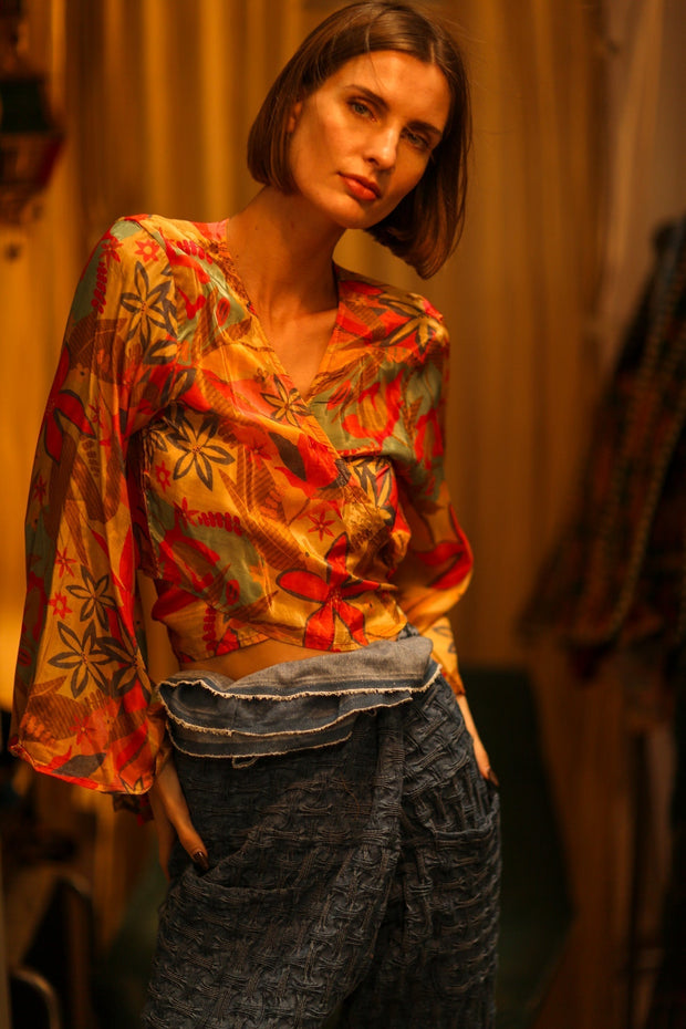 SILK WRAP TOP AURELIA LITTLE FLOWER - sustainably made MOMO NEW YORK sustainable clothing, new slow fashion