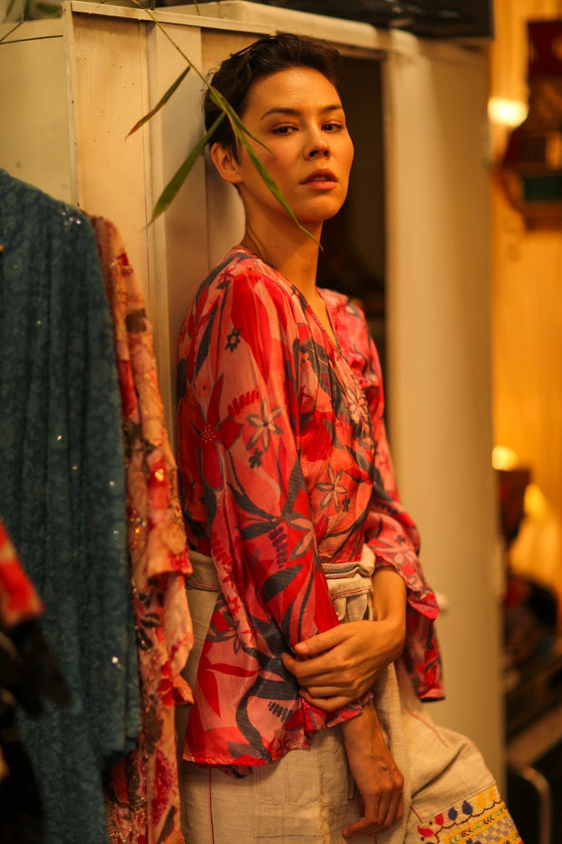 SILK WRAP TOP AURELIA PINK JUNGLE - sustainably made MOMO NEW YORK sustainable clothing, new slow fashion