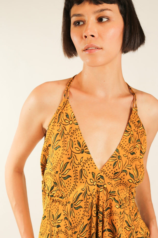 YELLOW SILK OPEN BACK SHOULDER DRESS FRANKIS - sustainably made MOMO NEW YORK sustainable clothing, dress slow fashion