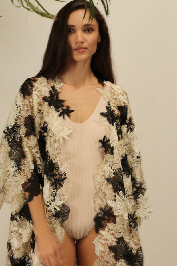 ACANTHA FLOWER LACE KIMONO - sustainably made MOMO NEW YORK sustainable clothing, Embroidered Kimono slow fashion