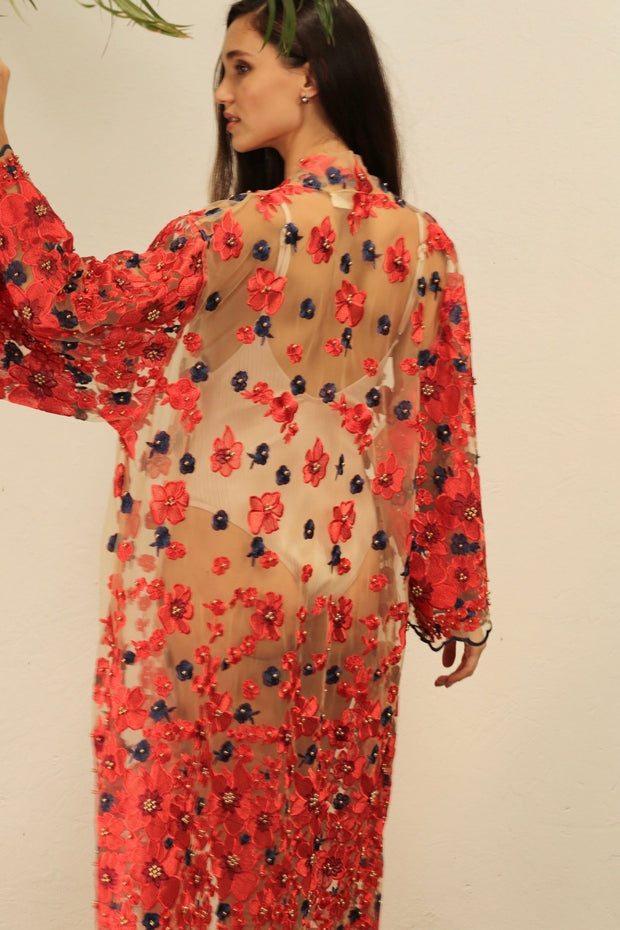 APHRODITE FLOWER CHIFFON SILK KIMONO - sustainably made MOMO NEW YORK sustainable clothing, Embroidered Kimono slow fashion