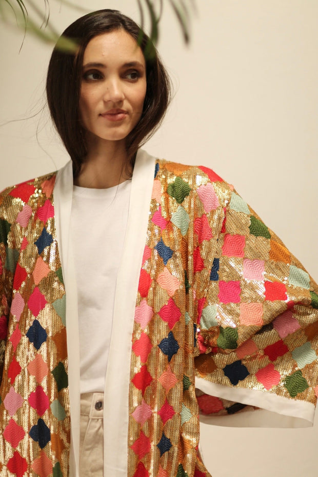 ARGUS GLO CHIFFON SILK SEQUIN EMBROIDERED KIMONO - sustainably made MOMO NEW YORK sustainable clothing, Embroidered Kimono slow fashion