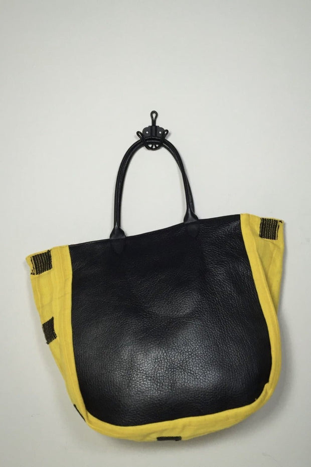 BAG DANNY BLACK LEATHER MYANMAR FABRIC TRIM - sustainably made MOMO NEW YORK sustainable clothing, samplesale1022 slow fashion