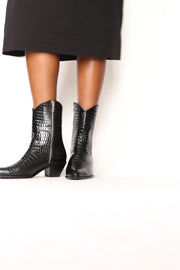 BLACK CROC EMBOSSED BOOTS - sustainably made MOMO NEW YORK sustainable clothing, slow fashion