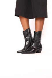 BLACK CROC EMBOSSED BOOTS - sustainably made MOMO NEW YORK sustainable clothing, slow fashion