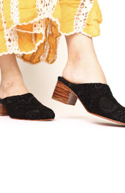 BLACK EMBROIDERED HEELED MULES X NEIMAN MARCUS - sustainably made MOMO NEW YORK sustainable clothing, mules slow fashion