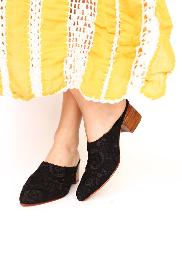 BLACK EMBROIDERED HEELED MULES X NEIMAN MARCUS - sustainably made MOMO NEW YORK sustainable clothing, mules slow fashion