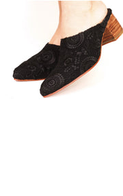 BLACK EMBROIDERED HEELED MULES X NEIMAN MARCUS - sustainably made MOMO NEW YORK sustainable clothing, mules slow fashion