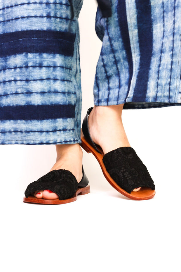 BLACK EMBROIDERED SANDALS DESSA - sustainably made MOMO NEW YORK sustainable clothing, mules slow fashion