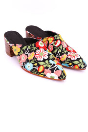 BLACK FLOWER EMBROIDERED HEELED MULES - sustainably made MOMO NEW YORK sustainable clothing, mules slow fashion