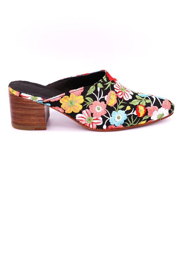 BLACK FLOWER EMBROIDERED HEELED MULES - sustainably made MOMO NEW YORK sustainable clothing, mules slow fashion