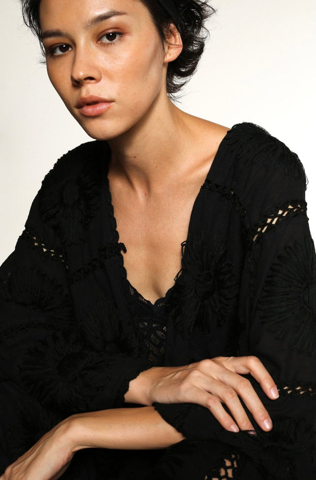 BLACK KIMONO EMBROIDERED FLORA CROCHET - sustainably made MOMO NEW YORK sustainable clothing, crochet slow fashion