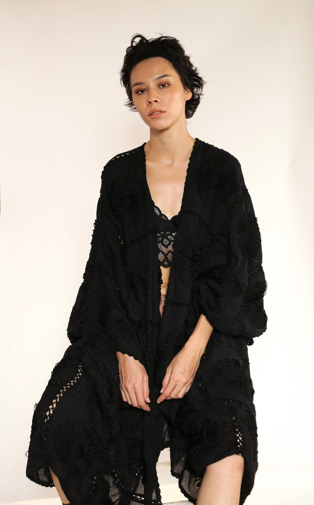 BLACK KIMONO EMBROIDERED FLORA CROCHET - sustainably made MOMO NEW YORK sustainable clothing, crochet slow fashion