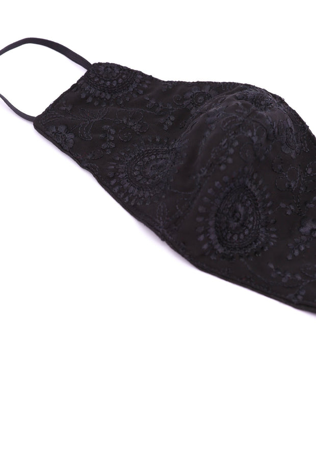 BLACK SILK COTTON EMBROIDERED FACE MASK ASLI - sustainably made MOMO NEW YORK sustainable clothing, free people slow fashion