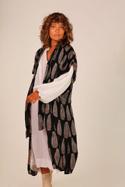 BLACK SILK FEATHER PRINT KIMONO WYNN - sustainably made MOMO NEW YORK sustainable clothing, Kimono slow fashion