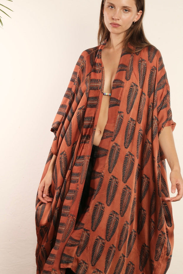 BROWN PLUME KIMONO SRISA - sustainably made MOMO NEW YORK sustainable clothing, kimono slow fashion