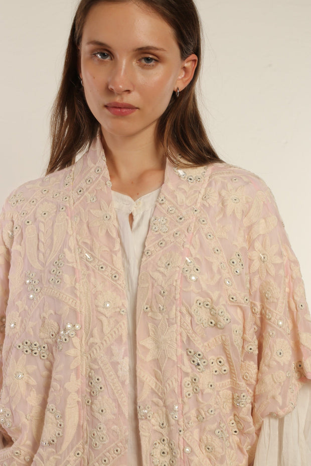 CLEMATIS LIGHT PINK LACE KIMONO - sustainably made MOMO NEW YORK sustainable clothing, Embroidered Kimono slow fashion