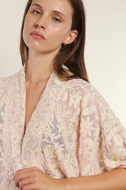 CLEMATIS LIGHT PINK LACE KIMONO - sustainably made MOMO NEW YORK sustainable clothing, Embroidered Kimono slow fashion