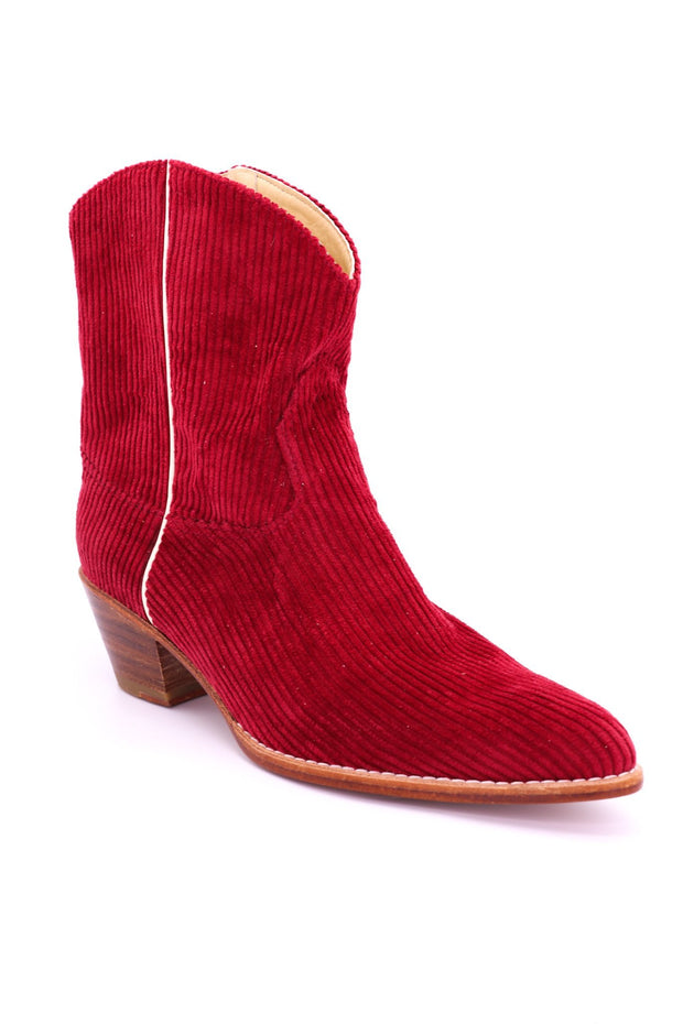 CORDUROY RED BOOTIES LINNEAH - sustainably made MOMO NEW YORK sustainable clothing, boots slow fashion