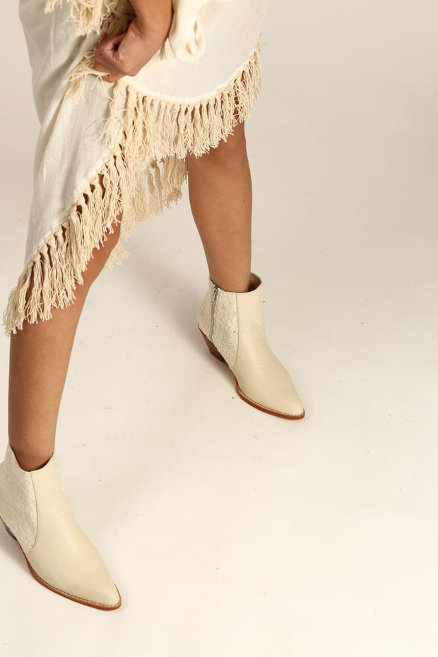 CREME LEATHER CREME EMBROIDERED FABRIC BOOTS SEL - sustainably made MOMO NEW YORK sustainable clothing, boots slow fashion