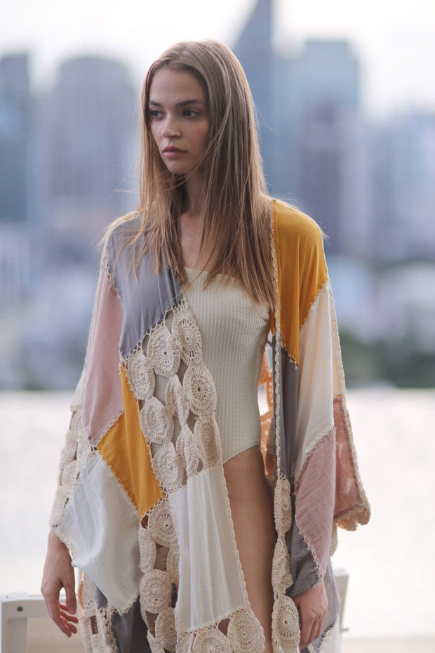 CROCHET KIMONO DUSTER SUNNY - sustainably made MOMO NEW YORK sustainable clothing, crochet slow fashion