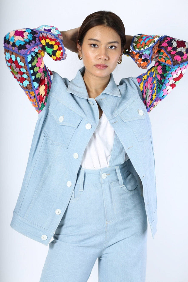 DENIM CROCHET SLEEVE JACKET NIALA - sustainably made MOMO NEW YORK sustainable clothing, crochet slow fashion