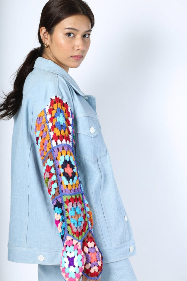 DENIM CROCHET SLEEVE JACKET NIALA - sustainably made MOMO NEW YORK sustainable clothing, crochet slow fashion